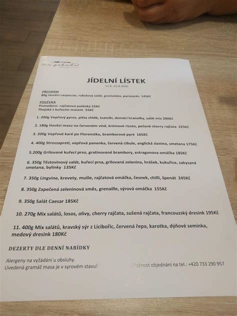 Menu at Na Pohodu restaurant, Chrudim